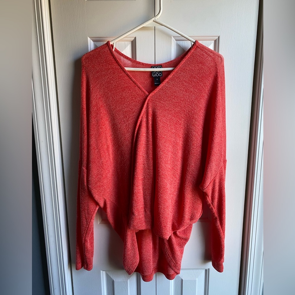 Clara Sunwoo Womens Orange Faux Wrap V Neck Pullover Sweater Made in USA Size S